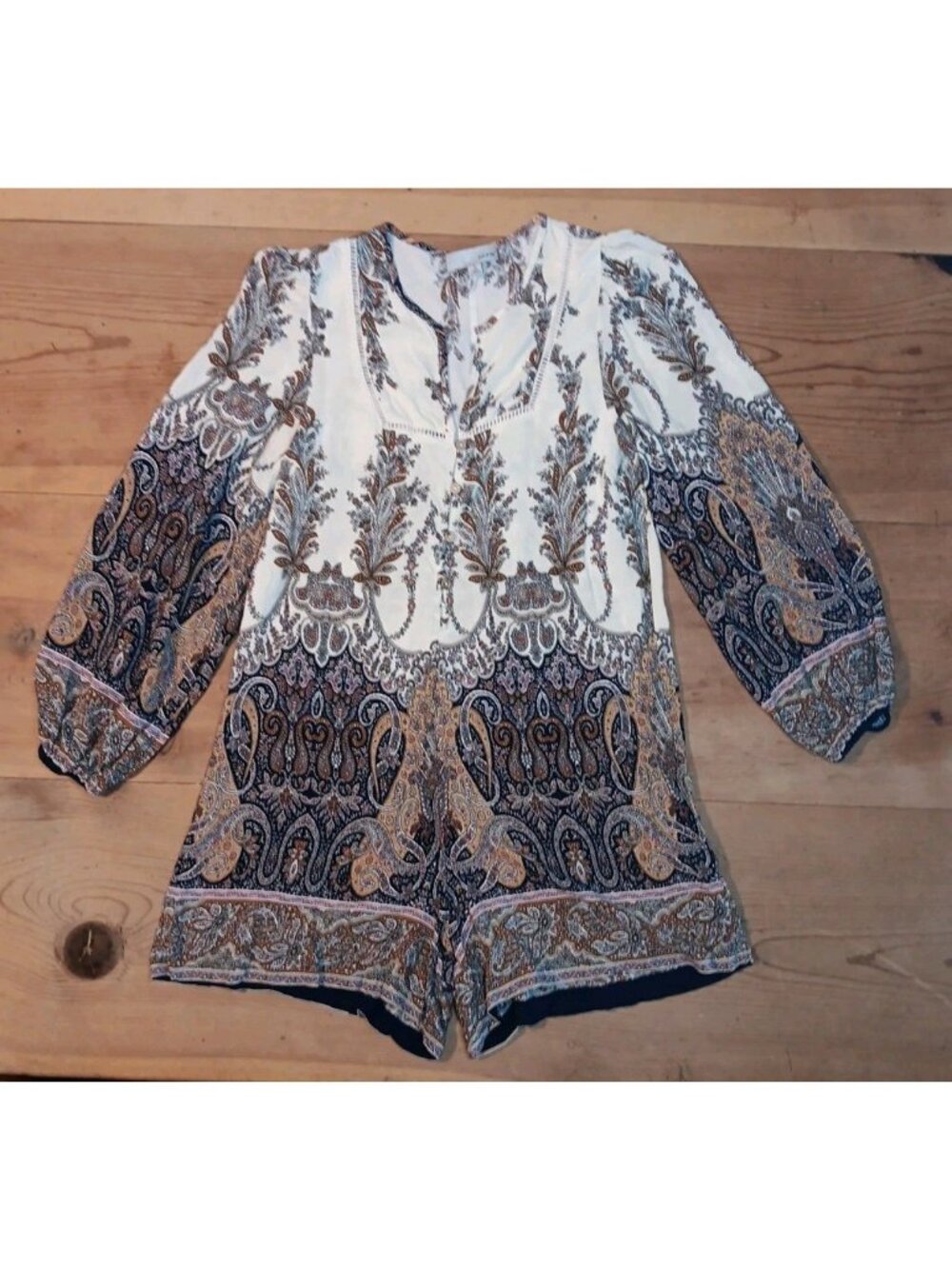 Luukse Romper Women S Boho Floral Tunic 3/4 Sleeve Lace Wide Leg Viscose Button